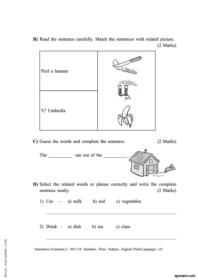 Class 3 English Sample Paper 2024 Maharashtra Board (PDF) - Maha Std ...