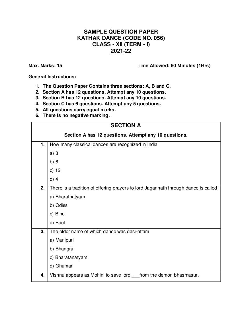 CBSE Class 12 Sample Paper 2022 for Kathak - Page 1