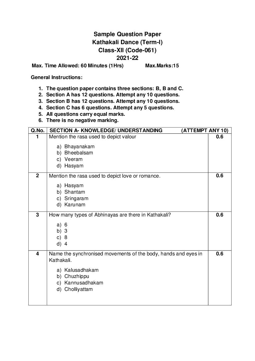 CBSE Class 12 Sample Paper 2022 for Kathakali - Page 1