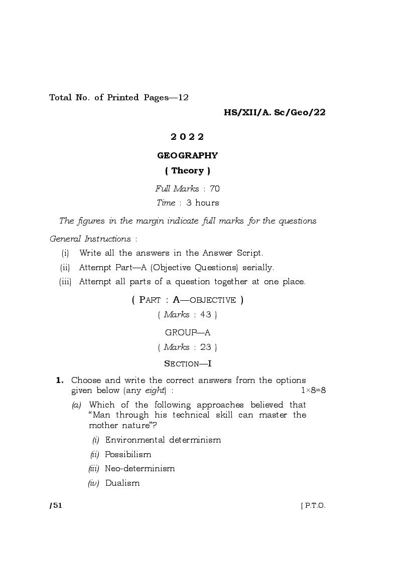 MBOSE Class 12 Question Paper 2022 for Geography - Page 1