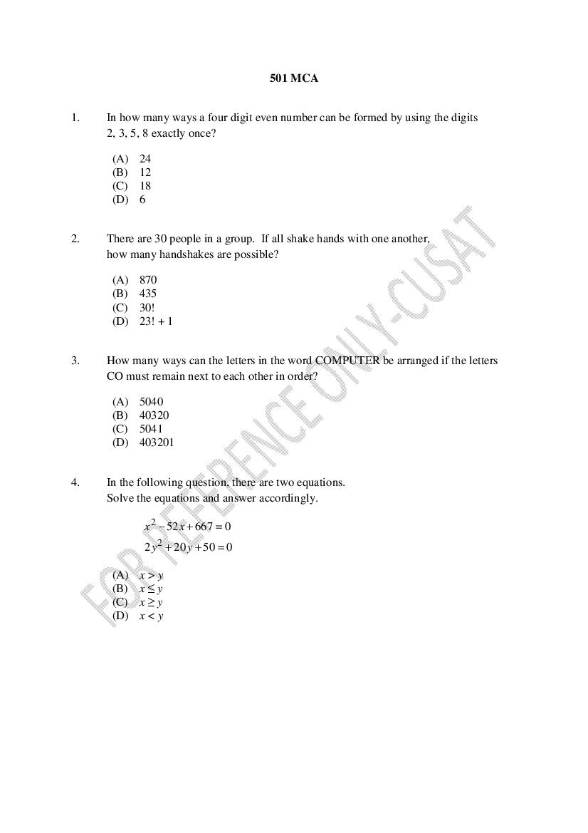 CUSAT CAT 2022 Question Paper MCA - Page 1