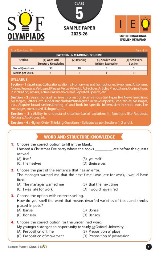 SOF IEO Sample Paper 2026 Class 5 - Page 1