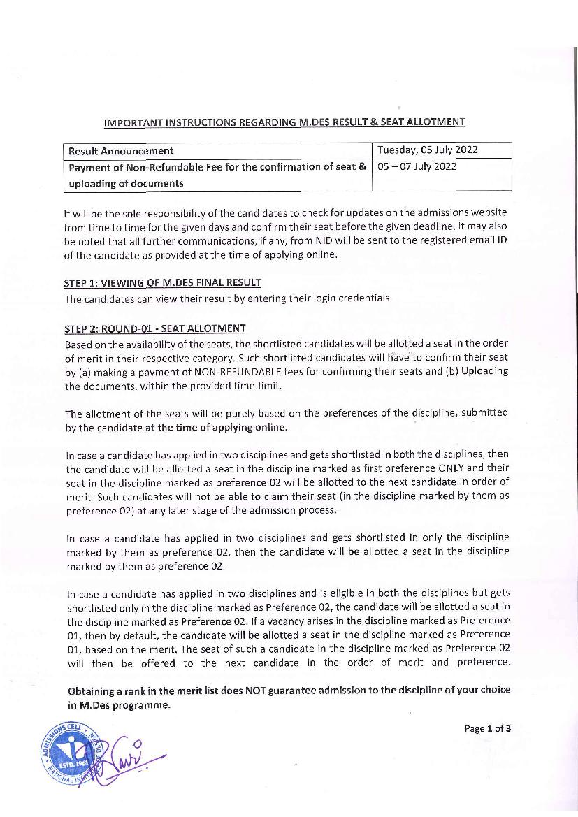 NID 2022 Mains Result Instructions for M.Des Course - Page 1