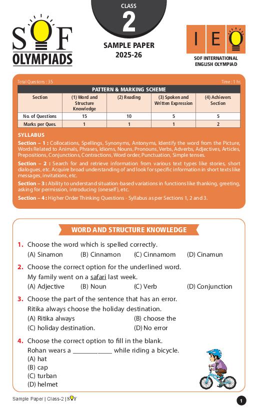 SOF IEO Sample Paper 2026 Class 2 - Page 1