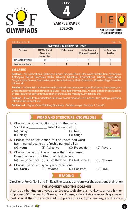 SOF IEO Sample Paper 2026 Class 4 - Page 1