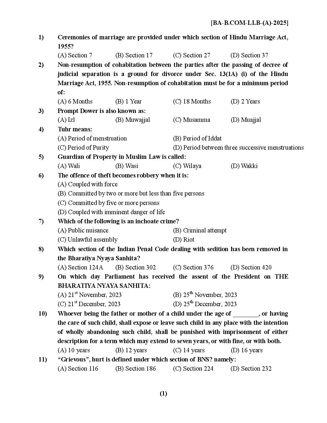 PU BA, B.Com LLB 2025 Question Paper - Page 1 of 26