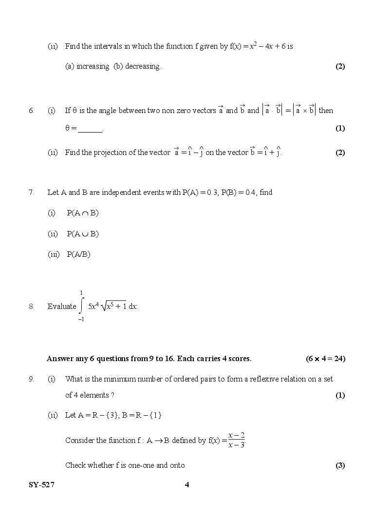 Kerala Plus Two Mathematics (Science) Question Paper 2024 (PDF)