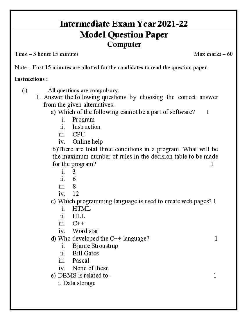 UP Board Class 12 Model Paper 2022 Computer - Page 1