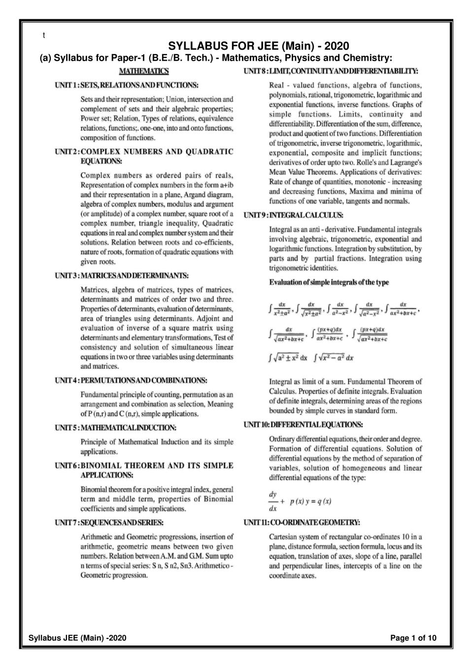 JEE Main 2020 Syllabus for Paper 1 and 2 - Page 1