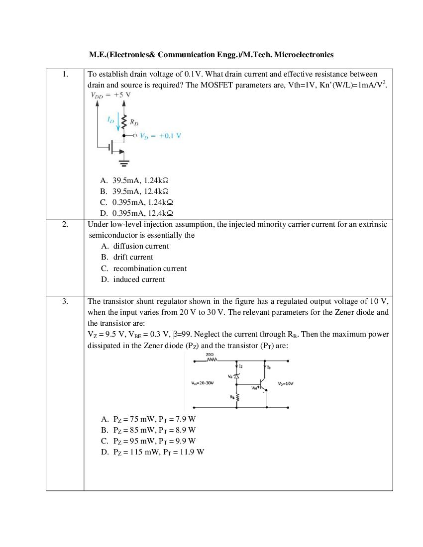 PU CET PG 2019 Question Paper M.E._Electronics_ Communication Engg._M.Tech. Microelectronics - Page 1