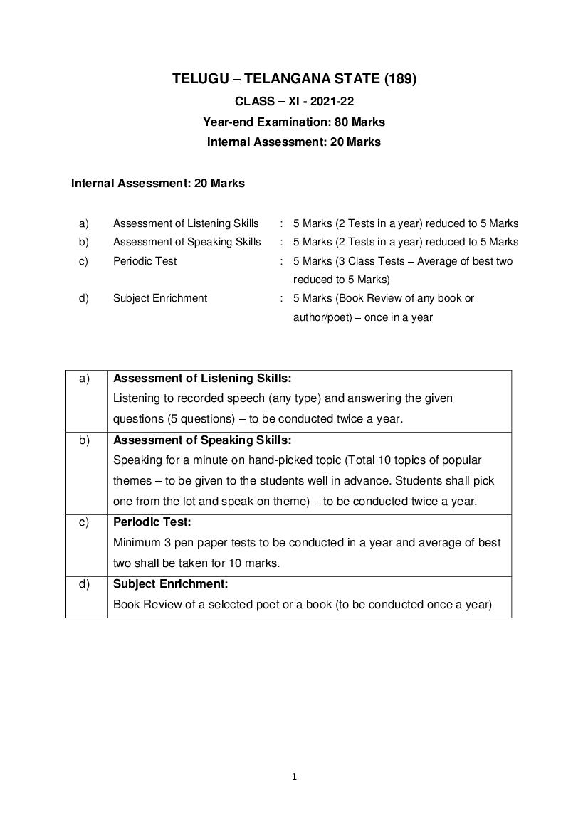 CBSE Class 11 Telugu TS Syllabus 2021-22 - Page 1 of 5
