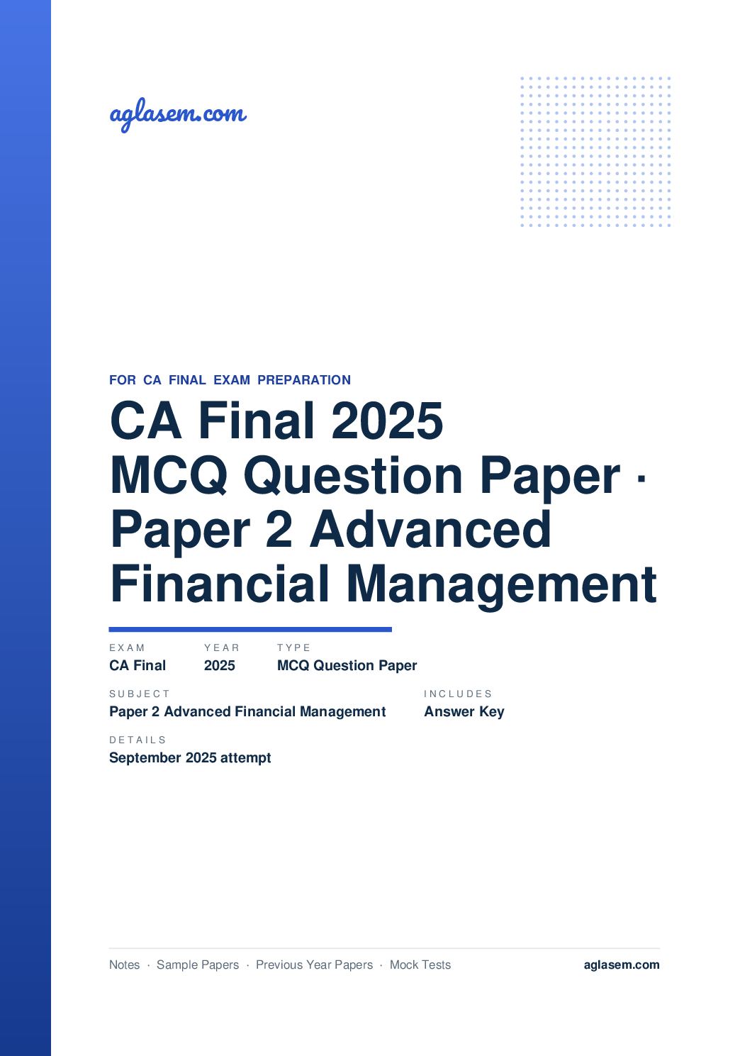CA Final September 2025 MCQ Question Paper with Answer Key Paper 2 Advanced Financial Management - Page 1 of 14