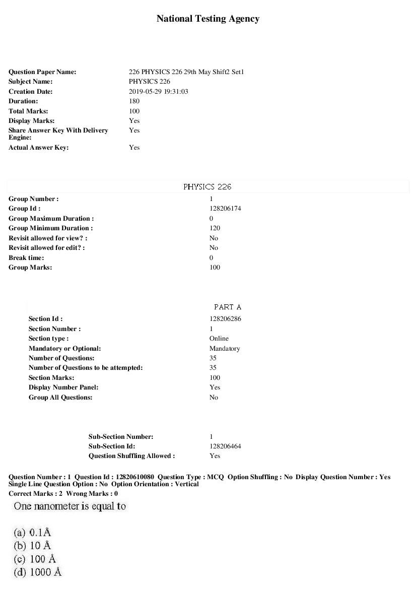 JNUEE 2019 Question Paper M.Sc. Physics - Page 1