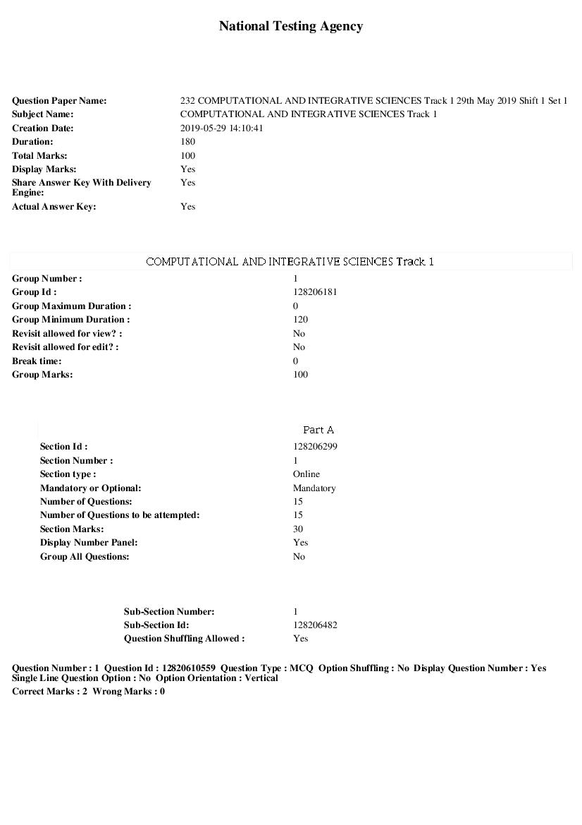 JNUEE 2019 Question Paper M.Sc. Computational and Interogative Sciences Track 1 - Page 1