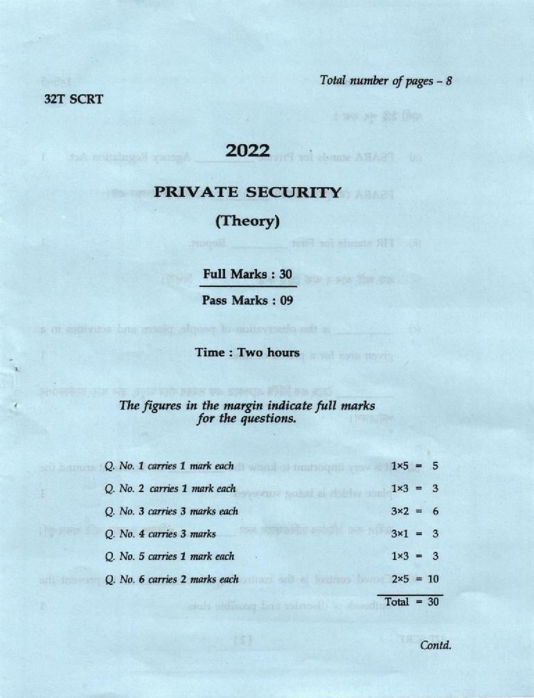 AHSEC HS 2nd Year Question Paper 2022 Private Security - Page 1