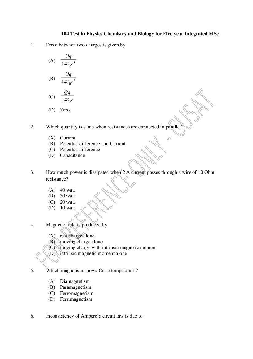 CUSAT CAT 2022 Question Paper PCB 5 Year M.Sc - Page 1