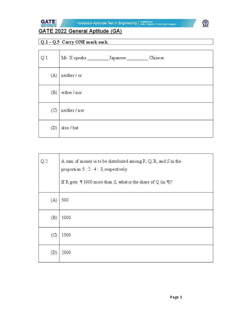 GATE 2022 Question Paper ST Statistics - Page 1