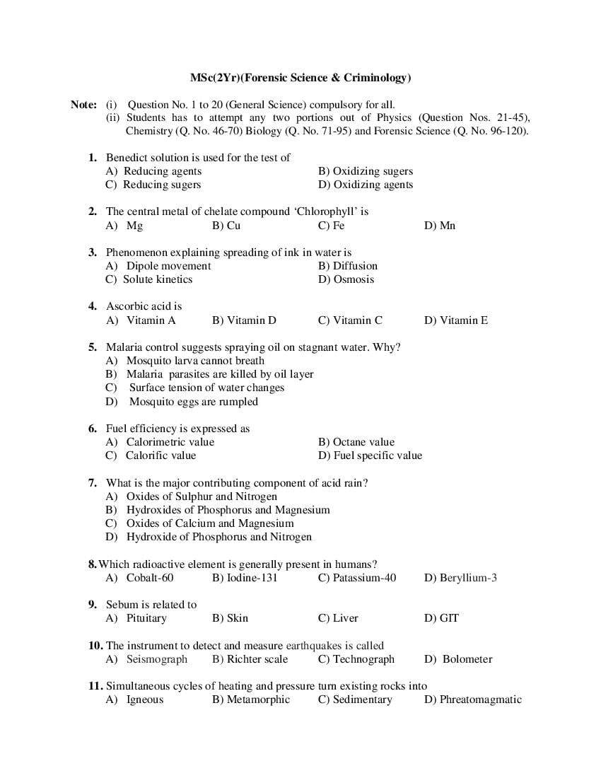 PU CET PG 2019 Question Paper MSc_2Yr__Forensic Science _ Criminology_ - Page 1
