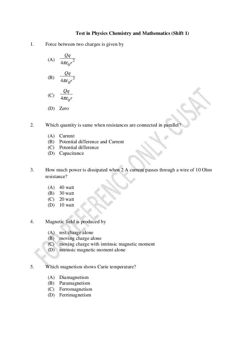 CUSAT CAT 2022 Question Paper PCM Shift 1 - Page 1