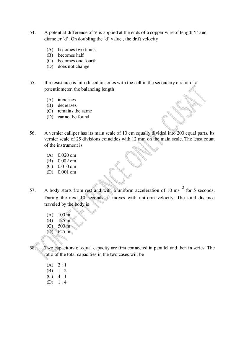 CUSAT CAT 2022 Question Papers PDF (B.Tech Shifts 1 to 4, 37 Papers)