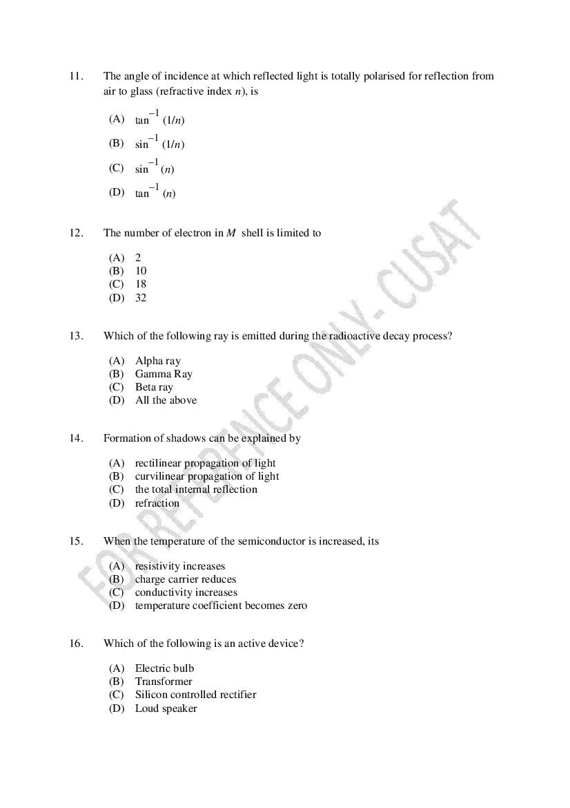 CUSAT CAT 2022 Question Papers PDF (B.Tech Shifts 1 to 4, 37 Papers)