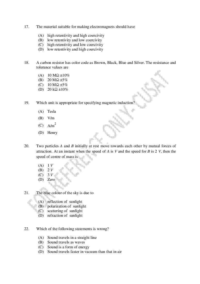 CUSAT CAT 2022 Question Papers PDF (B.Tech Shifts 1 to 4, 37 Papers)