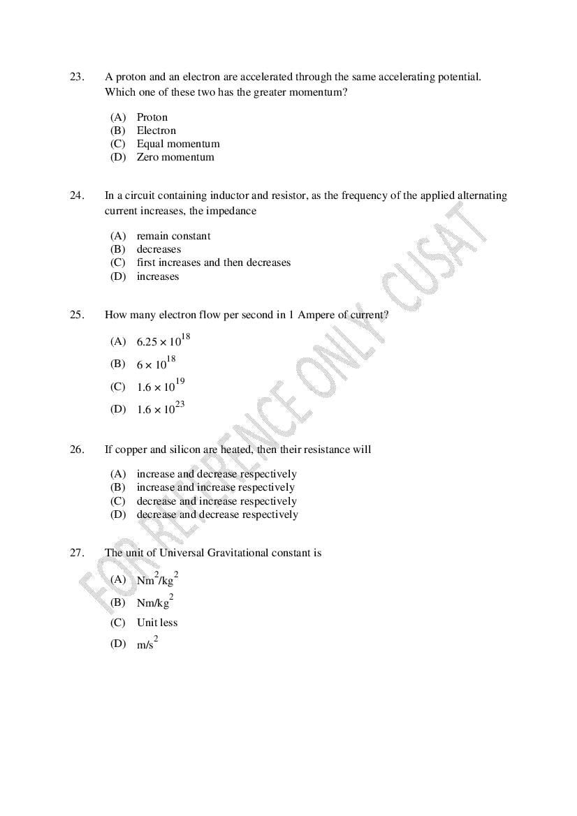 CUSAT CAT 2022 Question Papers PDF (B.Tech Shifts 1 to 4, 37 Papers)