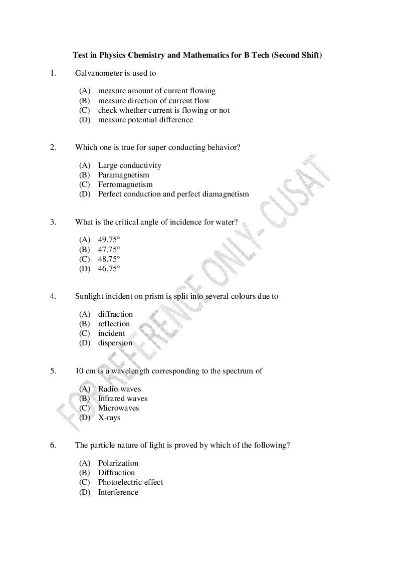 CUSAT CAT 2022 Question Paper PCM Shift 2 - Page 1