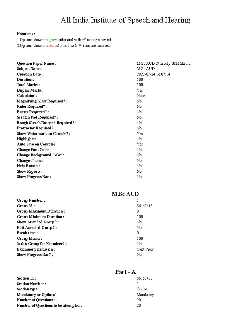 AIISH Entrance Exam 2022 Answer Key For M Sc Audiology 