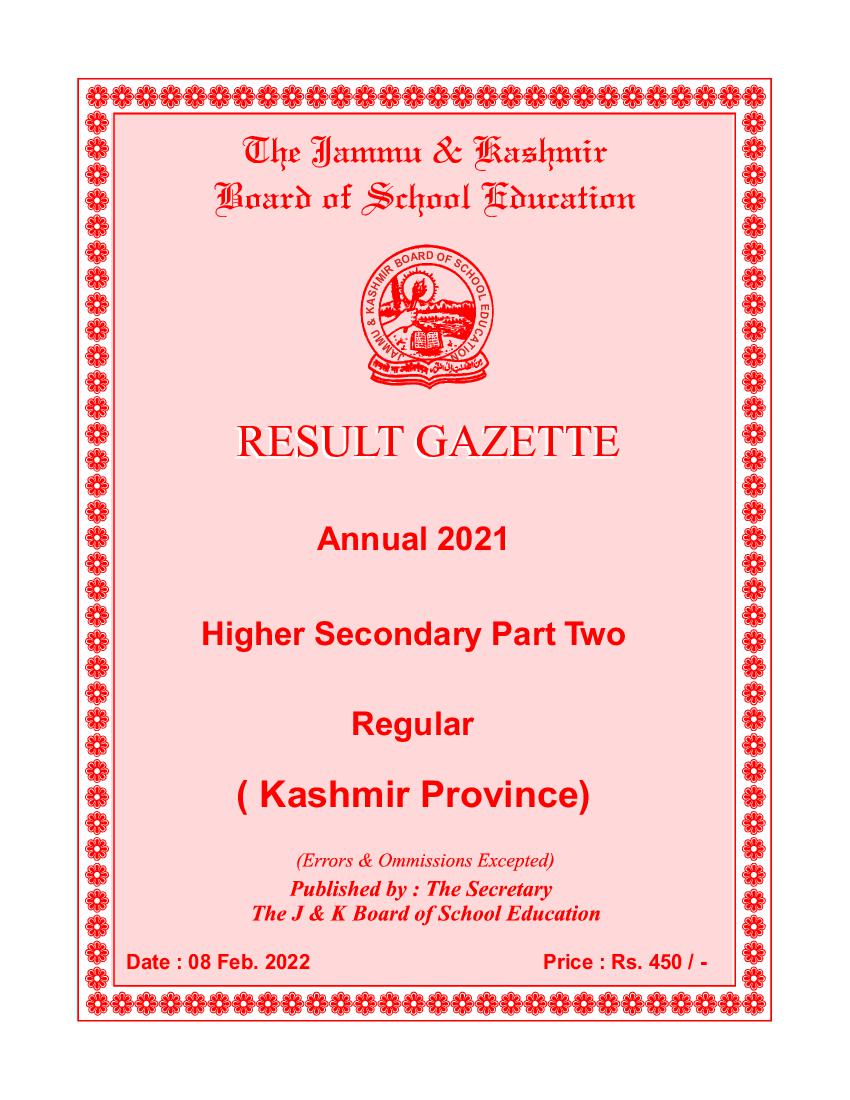 JKBOSE Class 12 2021 Result for Kashmir Province - Page 1