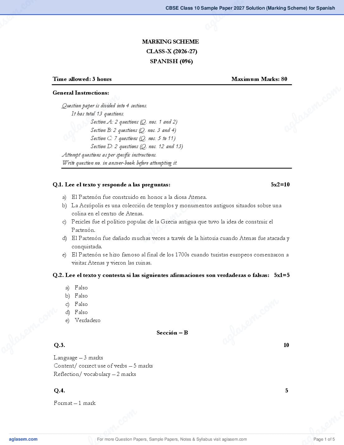 CBSE Class 10 Sample Paper 2027 Solution (Marking Scheme) for Spanish - Page 1 of 5
