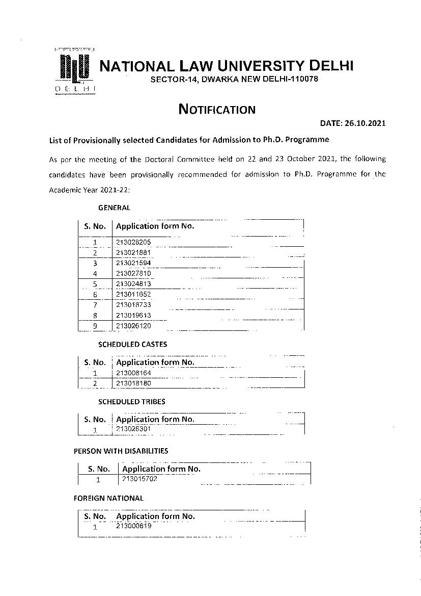 AILET 2021 Selected Candidates List for Admission to PhD Programme - Page 1