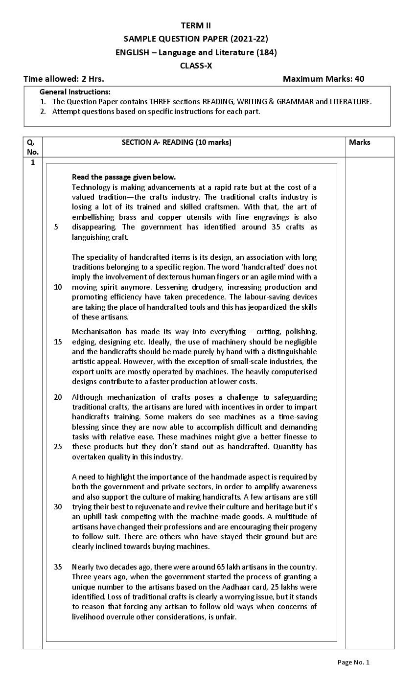 CBSE Class 10 Sample Paper 2022 for English Term 2 - Page 1