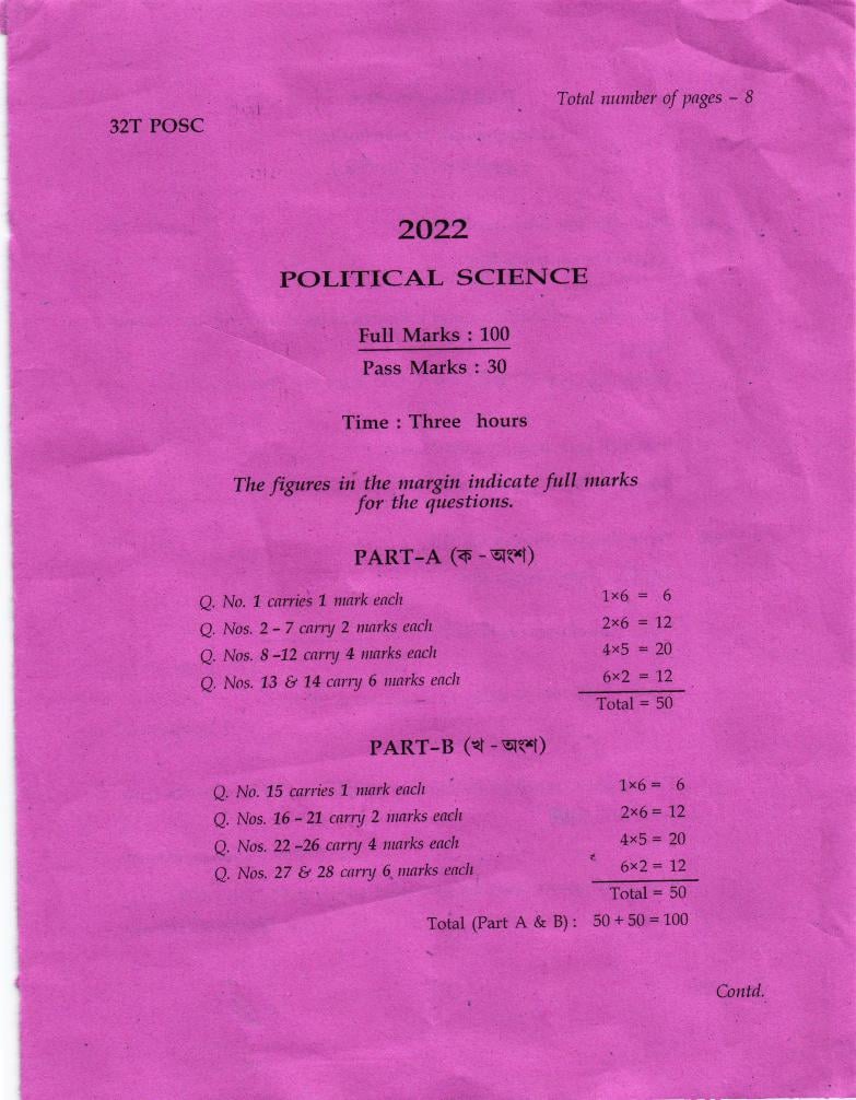 AHSEC HS 2nd Year Question Paper 2022 Political Science - Page 1
