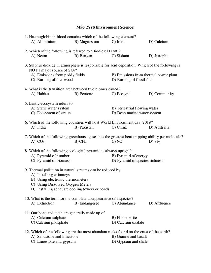 PU CET PG 2019 Question Paper MSc_2Yr__Environment Science_ - Page 1