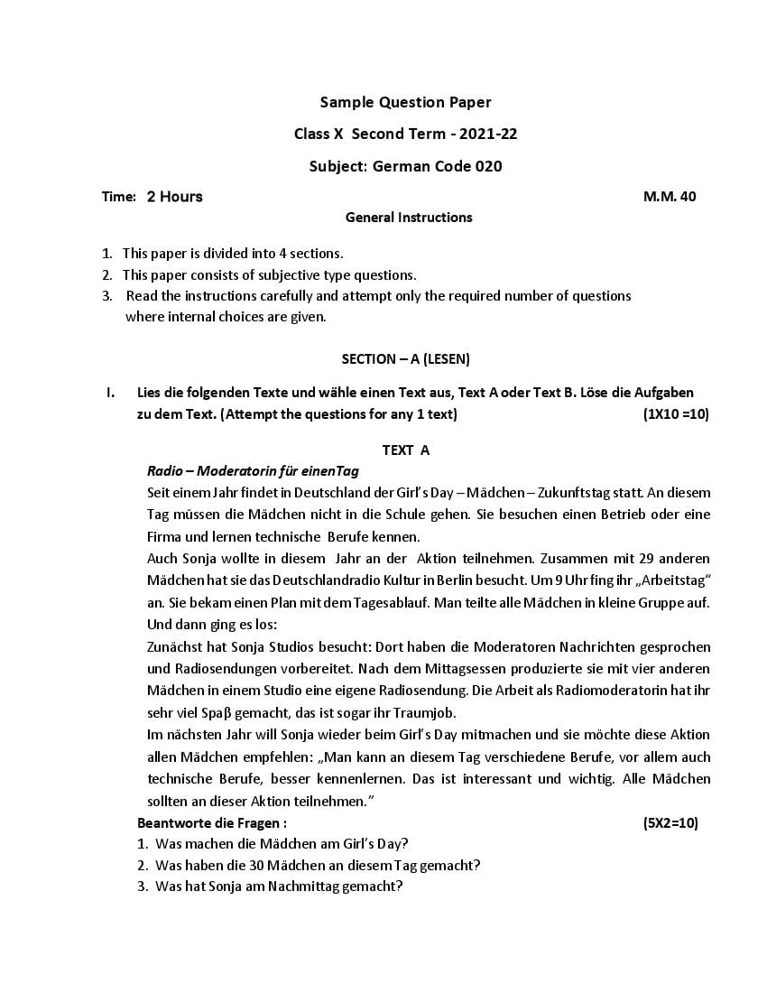 CBSE Class 10 Sample Paper 2022 for German Term 2 - Page 1