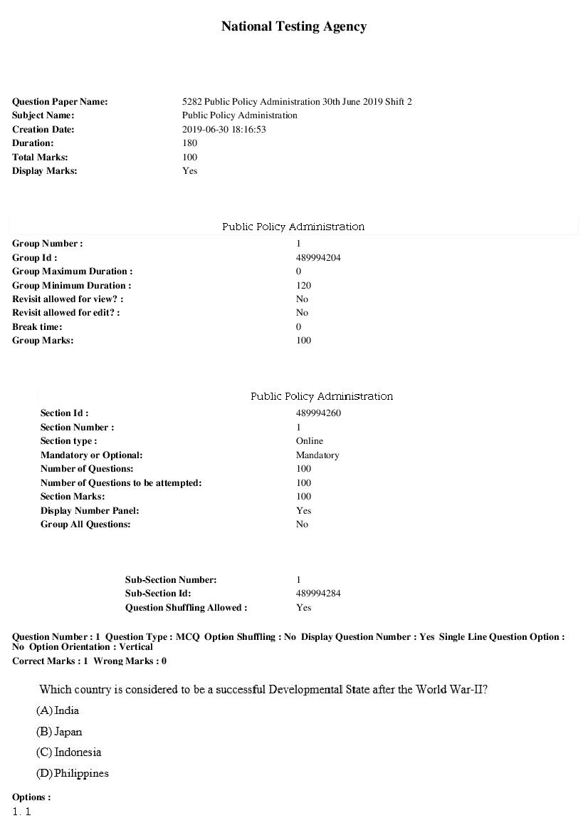 ARPIT 2019 Question Paper for Public Policy Administration Shift 2 - Page 1 of 34