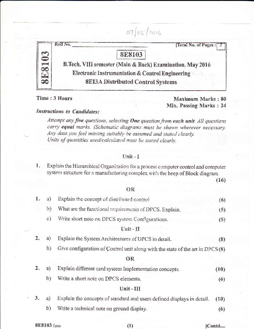 RTU 2016 Question Paper Semester VIII Electronic Instrumentation and ...
