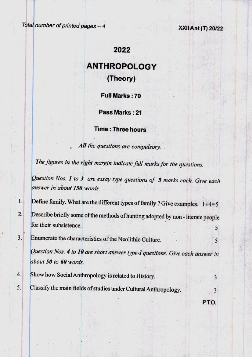 Manipur Board Class 12 Question Paper 2022 for Anthropology - Page 1