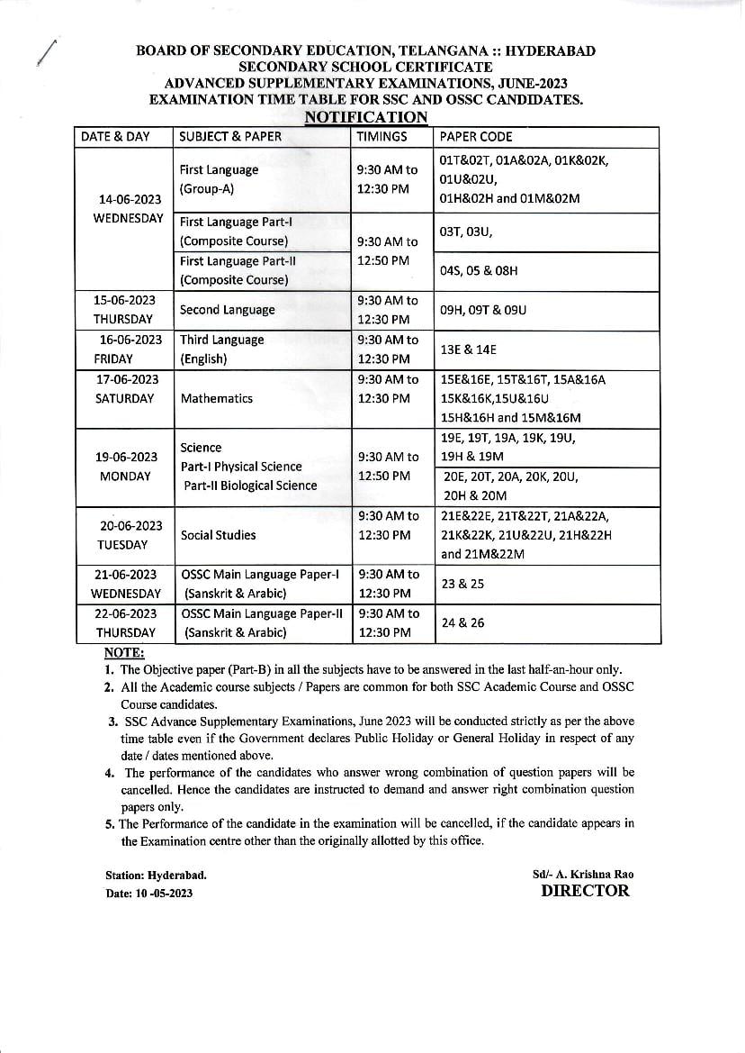 TS SSC Supplementary Exam Time Table 2023 - Page 1