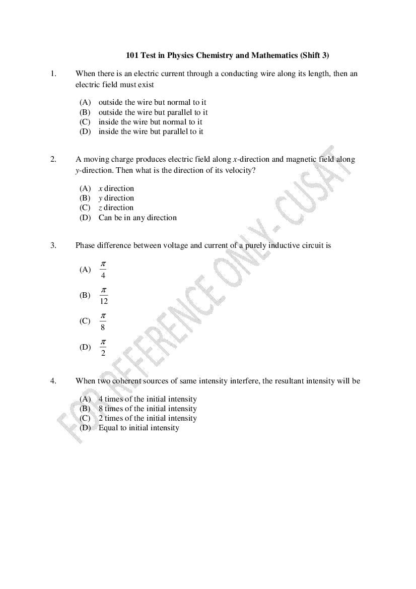 CUSAT CAT 2022 Question Paper PCM Shift 3 - Page 1