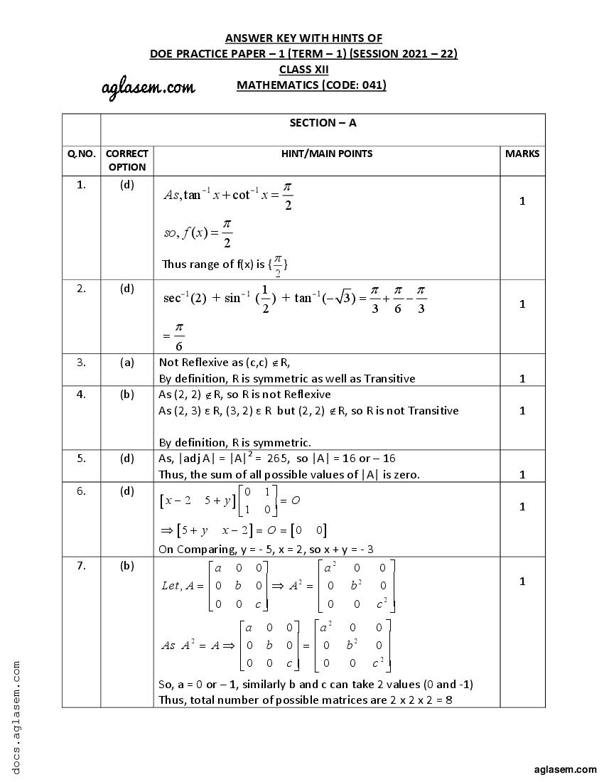 Class 12 Sample Paper 2022 Solution Maths Term 1 - Page 1