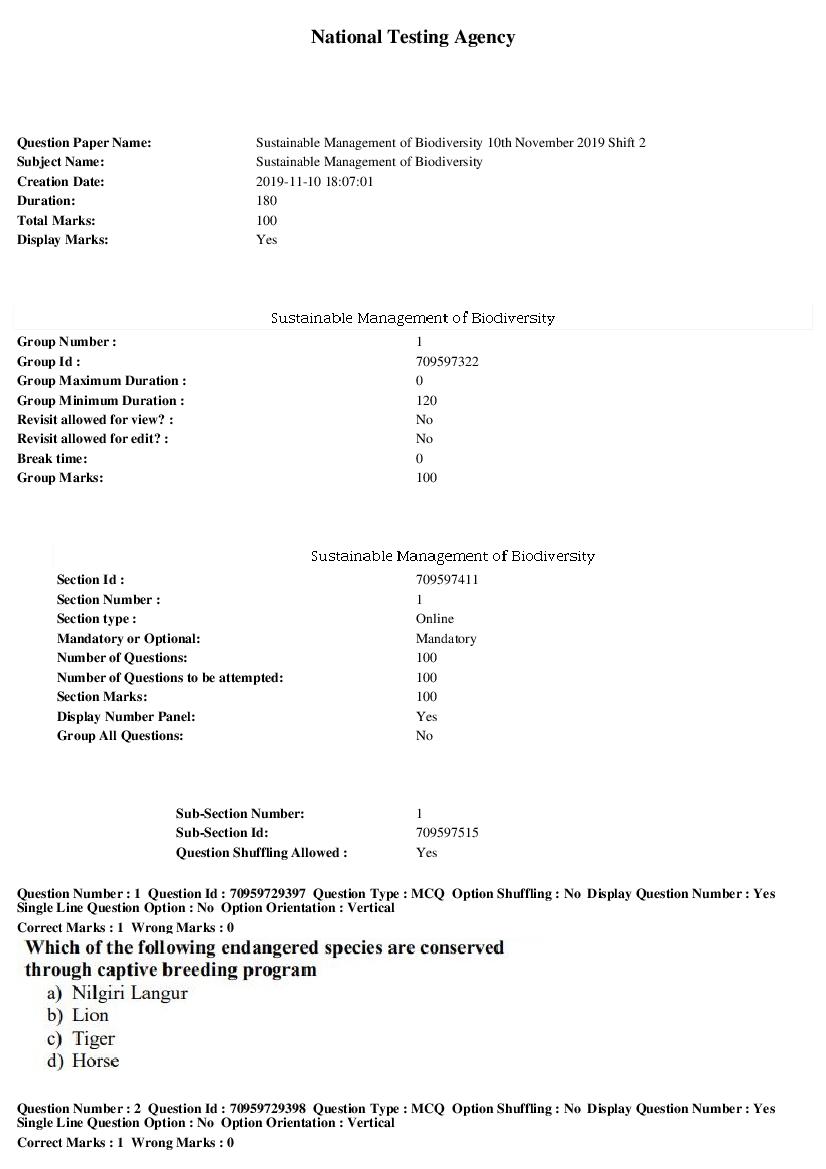 SWAYAM 2019 Question Paper Sustainable Management of Biodiversity - Page 1 of 21