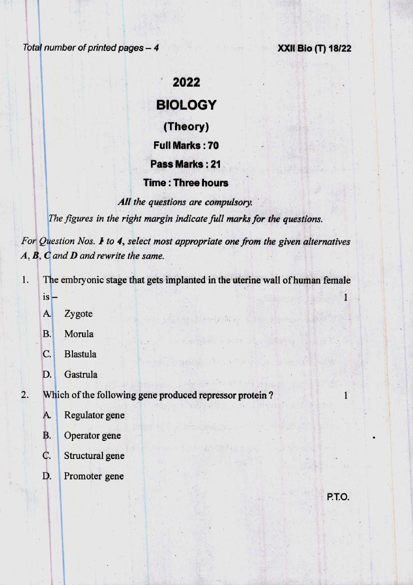 Manipur Board Class 12 Question Paper 2022 for Biology - Page 1