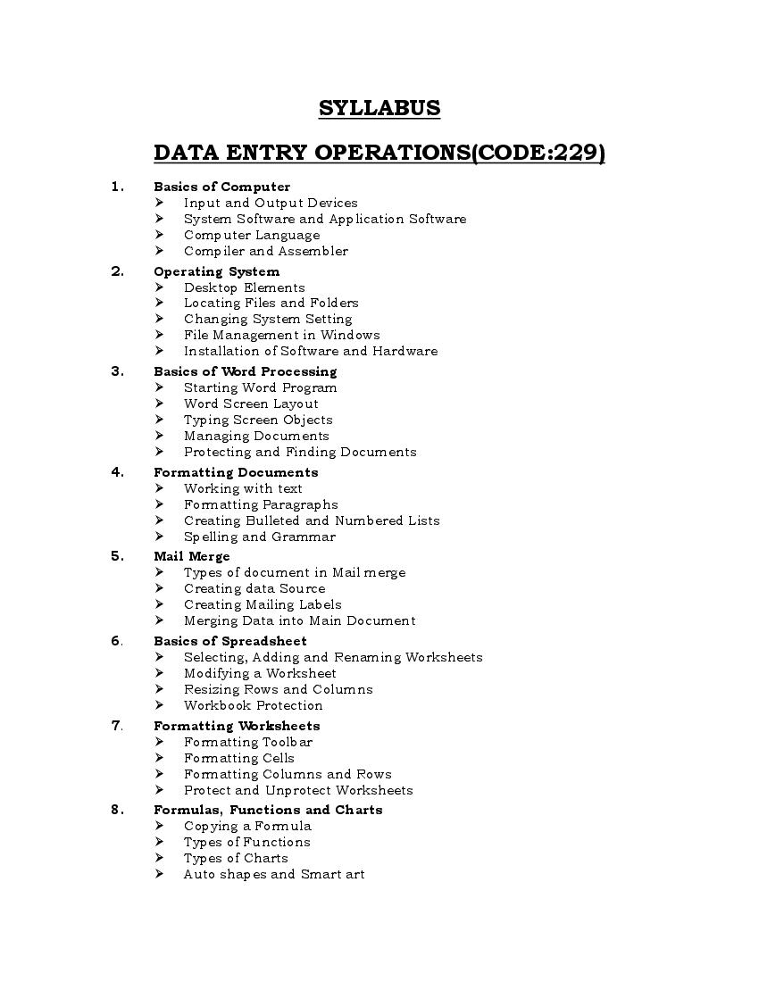 NIOS Class 10 Syllabus 2023 Data Entry Operations - Page 1