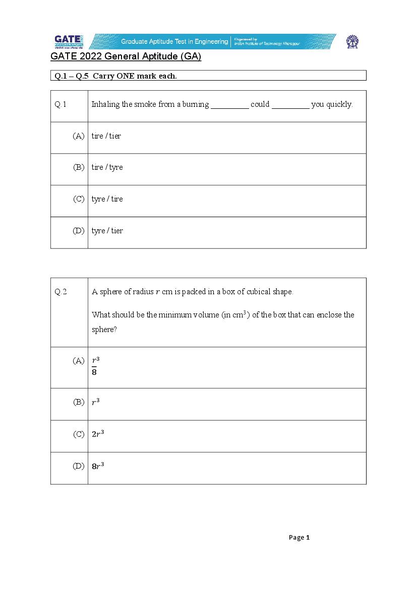 GATE 2022 Question Paper PI Production and Industrial Engineering - Page 1