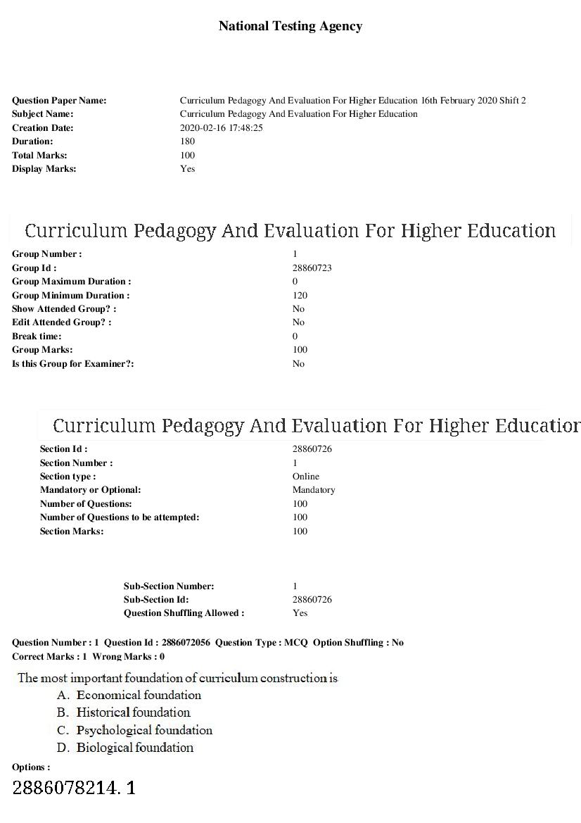 ARPIT 2020 Question Paper for Curriculum Pedagogy And Evaluation For Higher Education - Page 1 of 39