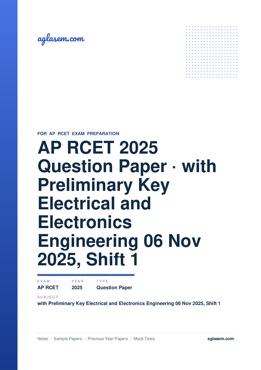 AP RCET 2025 Question Paper with Preliminary Key Electrical and Electronics Engineering 06 Nov 2025, Shift 1 - Page 1 of 69