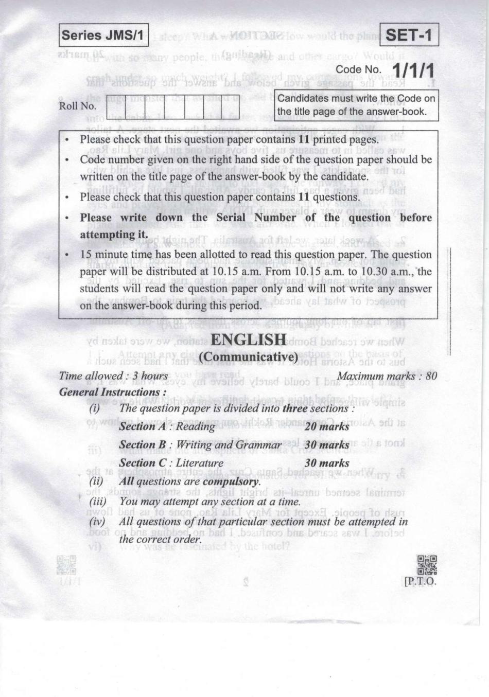 CBSE Class 10 English Communicative Question Paper 2019 Set 1 - Page 1