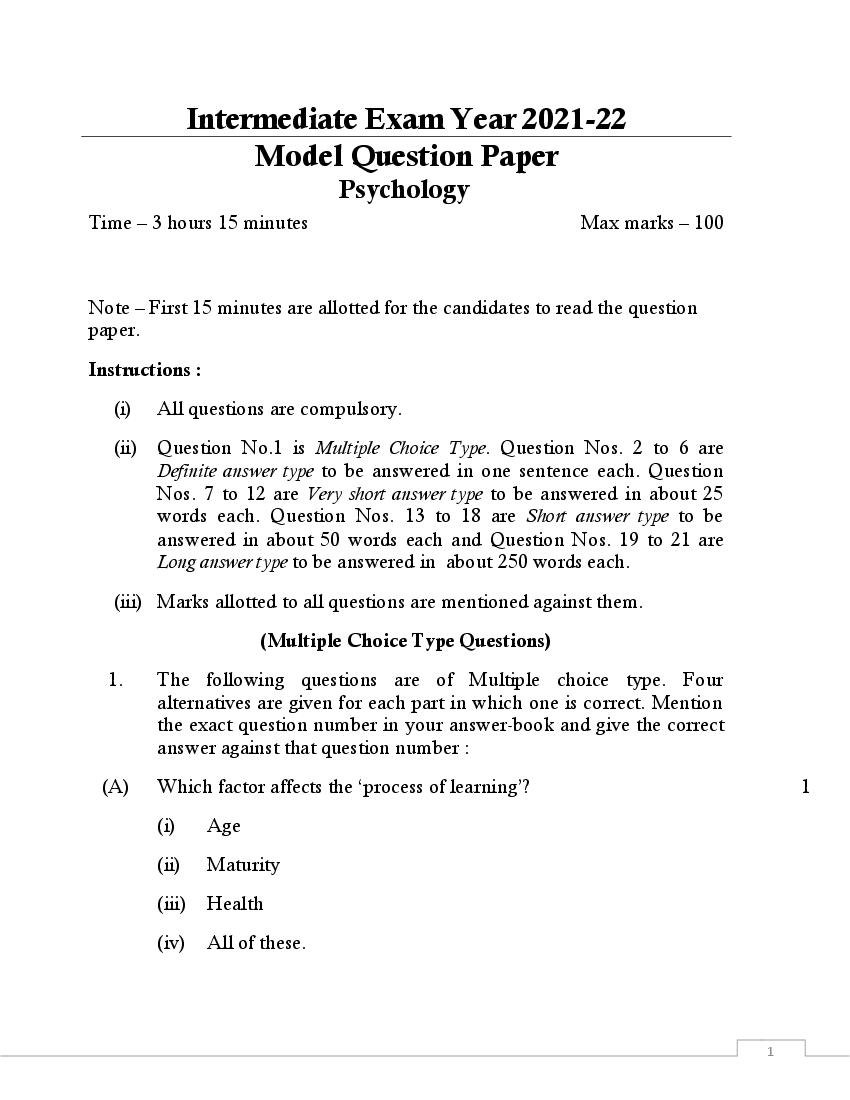 UP Board Class 12 Model Paper 2022 Psychology - Page 1